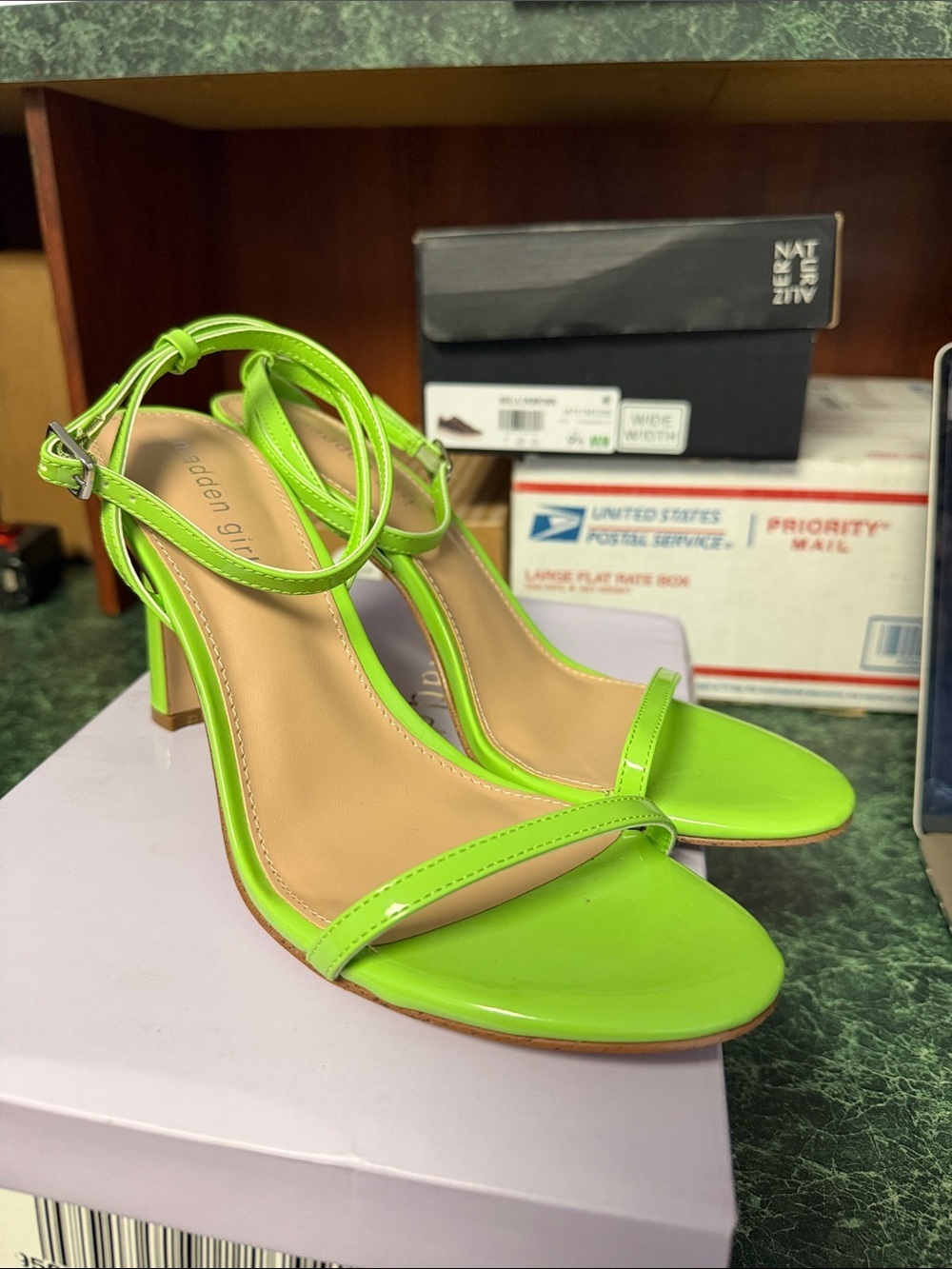 Madden Girl Neon Green Patent T-Strap Heels